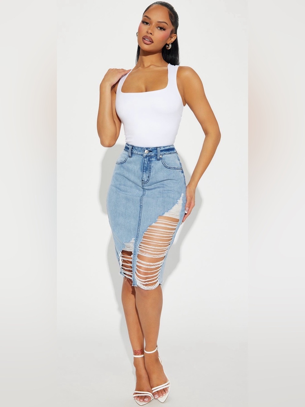 Light Blue Ripped Denim Midi Skirt
